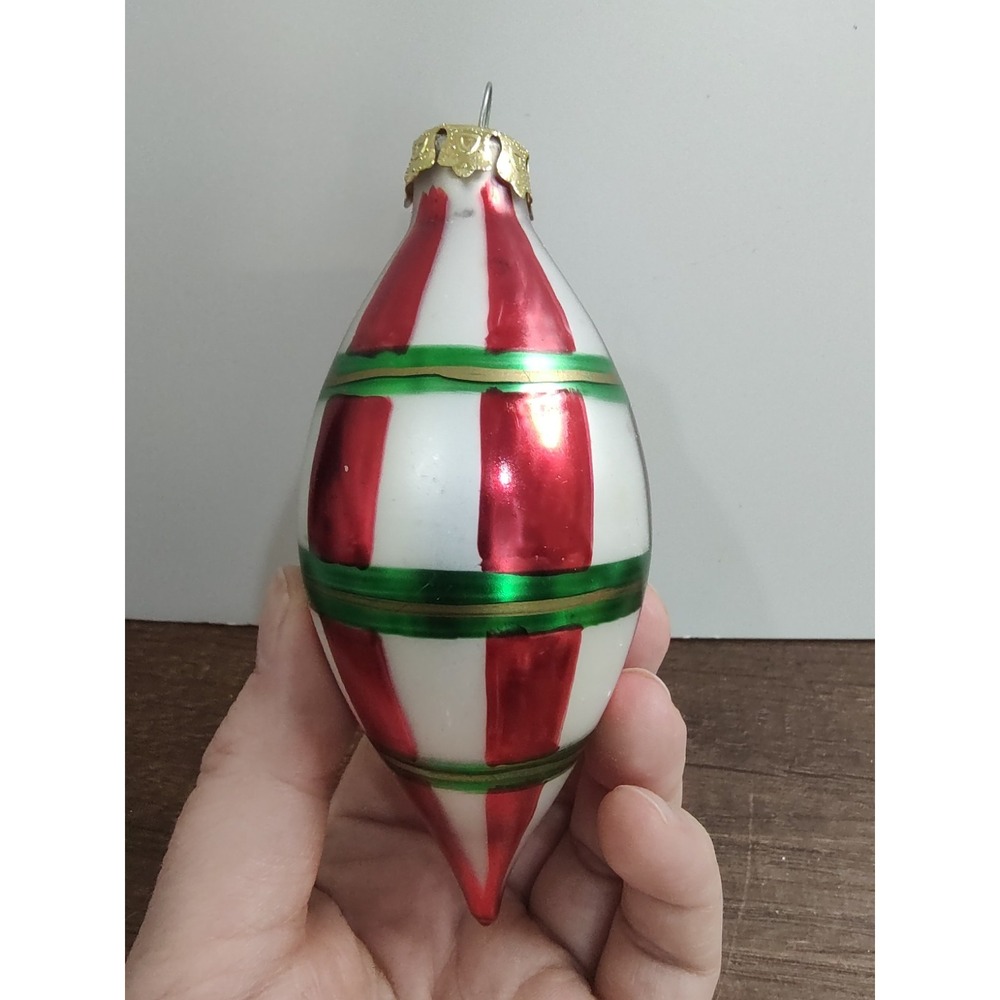 Vintage Striped Teardrop Glass Christmas Ornament Red Green Gold White A11